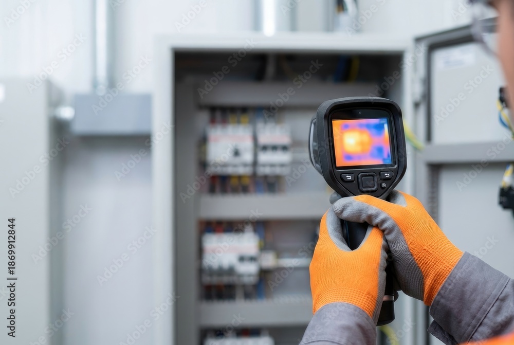 Infrared Camera Electrical Testing Worker conducts thermal inspection in electrical panel with infrared ...