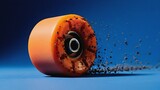 Close-up of a vibrant orange skateboard wheel shedding dust particles and showing wear on a bold blue background, symbolizing motion and friction.
