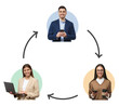 © Damir Khabirov - Business workflow cycle showing three diverse professionals connected by arrows using digital devices