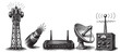 © Bogdan - This vintage-style illustration showcases various communication devices including a cell tower, fiber optic cable, router, satellite dish, and radio equipment.