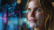 © Laura - Faceless young woman gazing thoughtfully through glass interface displaying vibrant digital data, technology and human expression blend, with copy space