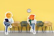 © Pixel-Shot - People with happy emoji instead of their heads sitting on chairs near yellow wall