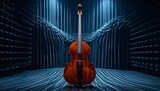 Acoustic String Instrument on a Dark Stage with Blue Light Display and Textured Curtain Backdrop
