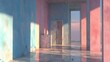 © Sabilu - Surreal corridor with pastel walls and marble floor at sunrise.