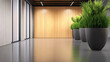 © Panupan - Modern hallway with large green potted plants, wooden wall, and natural light, calm atmosphere