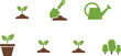 © Bahadur - Gardening and agricultural icon set featuring green plant seedlings, garden hand trowel, watering can, potted plants, and forest trees for environmental sustainability
