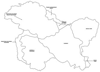  Detailed Political Map of Greater Kashmir Region with Labels Including Ladakh Jammu Aksai Chin Gilgit Baltistan and Siachen Glacier with Directional Arrows for Educational Reference and Vector Atlas