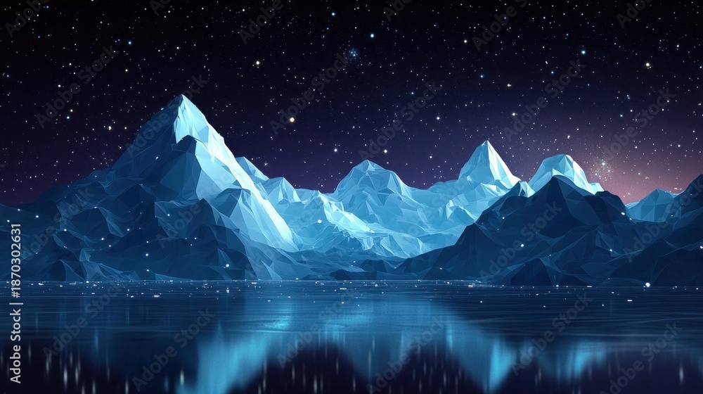 Faceted icy mountain range under a starry night sky reflected on a calm ...