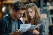© tiger - two young adults leaning together, intently reading and discussing documents in a warm casual indoor space with shelves, focused and collaborative mood