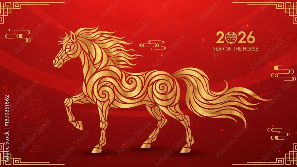 Golden horse illustration for 2026 year of the horse celebration with ...