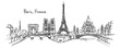 © trianatio - Paris France City Skyline Sketch with Eiffel Tower, Notre Dame, Arc de Triomphe, and Seine River Hand Drawn Illustration
