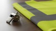 © photoplotnikov - Close-up of silver whistle next to high-visibility yellow safety vest with reflective stripes on wooden surface