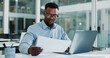 © peopleimages.com - Documents, laptop and business black man for financial review, proposal and budget planning for audit. Corporate, office and person with paperwork on computer for finance report, research or expenses