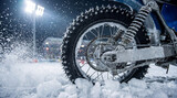 Motorcycle tire with metal studs races across a snow-covered surface, ice flying in the air. Shot at night during an ice racing event. Adrenaline and speed captured. Image made using Generative AI.