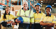 © peopleimages.com - Happy people, portrait and team with helmet in warehouse for shipping, supply chain or storage. Group, employees or colleagues with smile or hard hat for distribution or freight service in depot