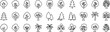 © Moksen - Tree and plant outline icon set featuring deciduous, conifer, palm, and abstract foliage symbols in clean editable vector line style