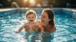 © K1drock - Wide family summer pool moment with mother supporting smiling infant, bright sun sparkles on water, conveying care, safety and happiness
