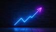 © Aura - Neon glowing upward arrow graph on dark brick wall, business growth and success concept, cyberpunk style lighting, high contrast, modern digital finance aesthetic