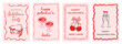 © millering - Valentine retro whimsical card set with playful designs. Galentine party invites, cocktail glasses, cherries with bows. Cute love postcards for parties and romantic celebrations. Vector illustration