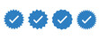 © Relxo-Studio - Blue check mark badges set. Verified approval seal icons. Starburst round shapes. Flat vector design elements. Quality confirmation symbols