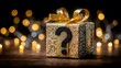 © Oleksandr - Intriguing gift wrapped in glittery gold paper with a question mark. The surprise awaits amidst a bokeh of warm lights, hinting at anticipation and festive joy.