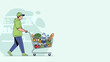 © GedhangKlutuk - Man Pushing Shopping Cart Full of Groceries in a Supermarket Aisle 1. Lunar New Year Vector Illustration. EPS Editable