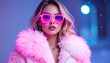 © skynds - Young woman in pink fur jacket and neon sunglasses