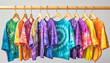 © wolfelarry - Row of tie dye shirts hang on wooden hangers. Colorful tshirts showcase dye sublimation. Vibrant apparel collection displays graphic