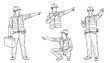 © Toon - Line art illustrations of construction workers in different poses, pointing and holding a briefcase