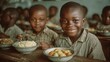 © Alexei - Two smiling African American boys in checkered shirts enjoying a meal together at a communal table, showcasing joy and friendship in a vibrant dining environment