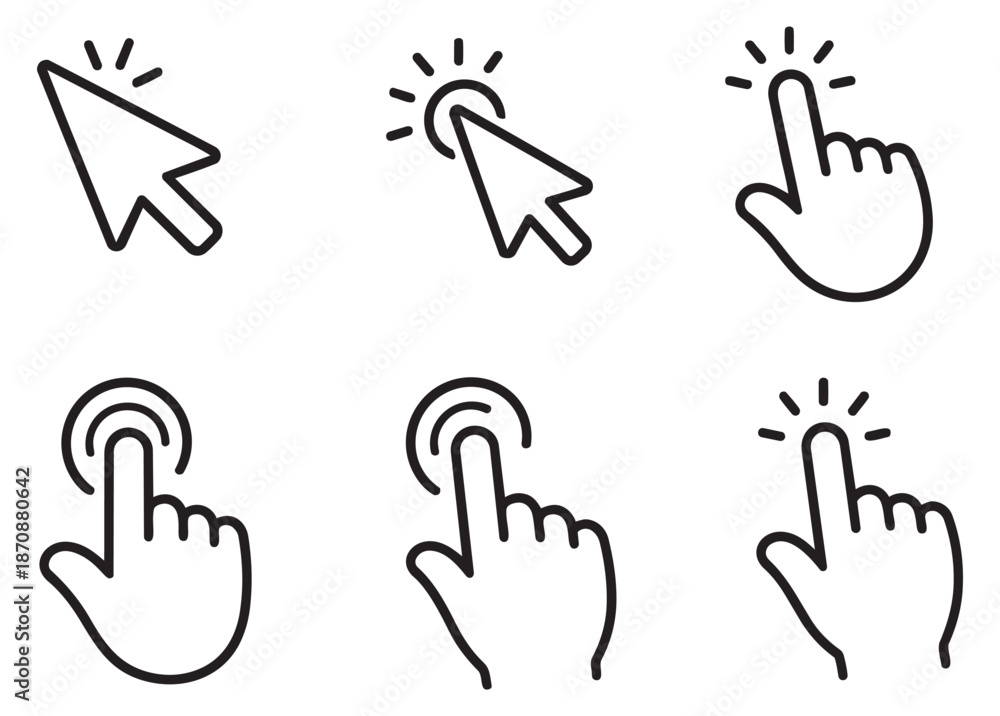 Line art click and cursor icons set featuring mouse pointers and hand ...