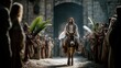 © Iaroslav - Jesus riding a donkey during entry into jerusalem, surrounded by people holding palm palm branches, celebrating sunday