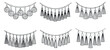 © vadymstock - A collection of decorative garlands featuring tassels and ornaments in black and white minimalist vector style, ideal for party and event designs