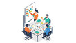 © code19soft - Isometric vector illustration of business people brainstorming and collaborating during a meeting using sticky notes on a whiteboard.