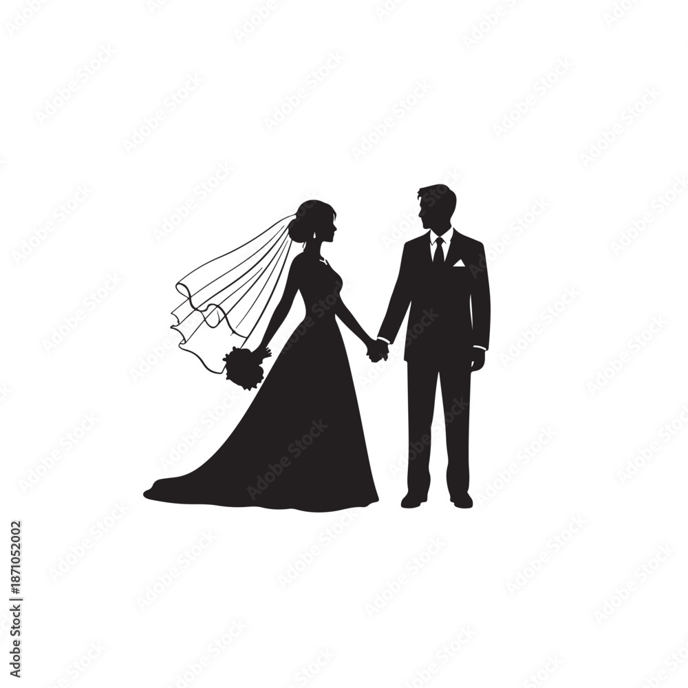 Black silhouette of bride and groom holding hands in wedding attire ...