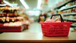 © Alokya - Red shopping basket on table in a supermarket with blurred background