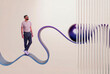 © Rendara Studio - Man walking on abstract 3D balance surface with glass pattern
