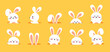 © Grafiqwrk 2.0 - A flat vector illustration set featuring ten cute white rabbits in various poses peeking out from holes on a solid yellow background.
