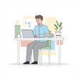 © artisticdesign-001 - Young man working on laptop at home office desk, flat vector illustration of freelancer or student studying