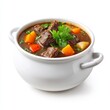 © arthit - Delicious hearty beef stew with fresh vegetables in a white serving pot on a clean background