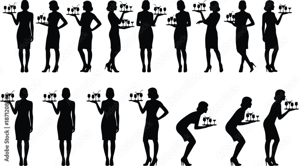 Waitress Silhouette Set Showing Catering and Hospitality Service Poses with Drink Trays for Restaurant, Event, Bar, and Banquet Design