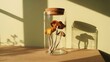 © Watcharapong - A glass jar with dried mushrooms casts intricate shadows on a light-colored surface, highlighted by warm sunlight.