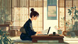© bephoto - 朝の和室の畳で資料をめくりノートPC作業をする女性の落ち着いた時間