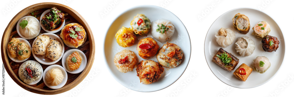 Assorted dim sum steamed dumpling fried dumpling Chinese food bamboo ...