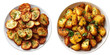 © Cheetose - Fried potato roasted potato herb crispy golden slice cube plate bowl snack Aromatic fried potato and roasted potato with herb white plate and bowl, crispy golden slice and cube cooked food styled
