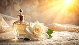 Vintage perfume bottle beside a white gardenia flower
