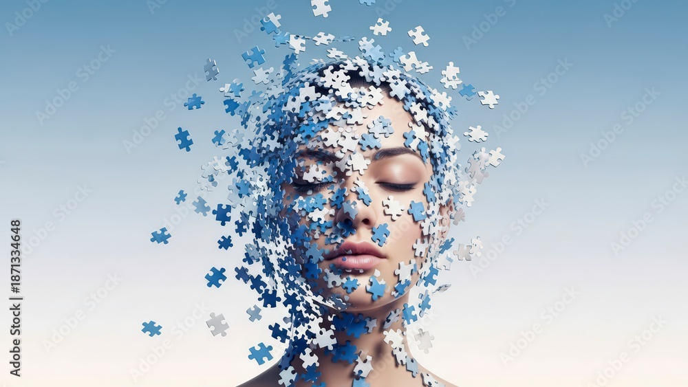 Woman with puzzle pieces floating around her face in blue tones Stock ...