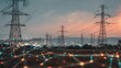 © Rifqi - Electricity transmission towers silhouetted against an evening sky with a digital network overlay, concept for future infrastructure, smart grid technology and global power distribution