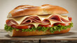 © Somlith Khmu - Ultra-realistic food photography of a fresh deli sandwich on a rustic wooden table, soft crusty baguette bread filled with thinly sliced ham, melted cheese, crisp lettuce, and ripe tomato slices.