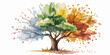 © Mandeep - Watercolor four seasons tree illustration depicting spring summer autumn winter with vibrant foliage artistic branches seasonal changes nature concept for environmental sustainability projects and edu